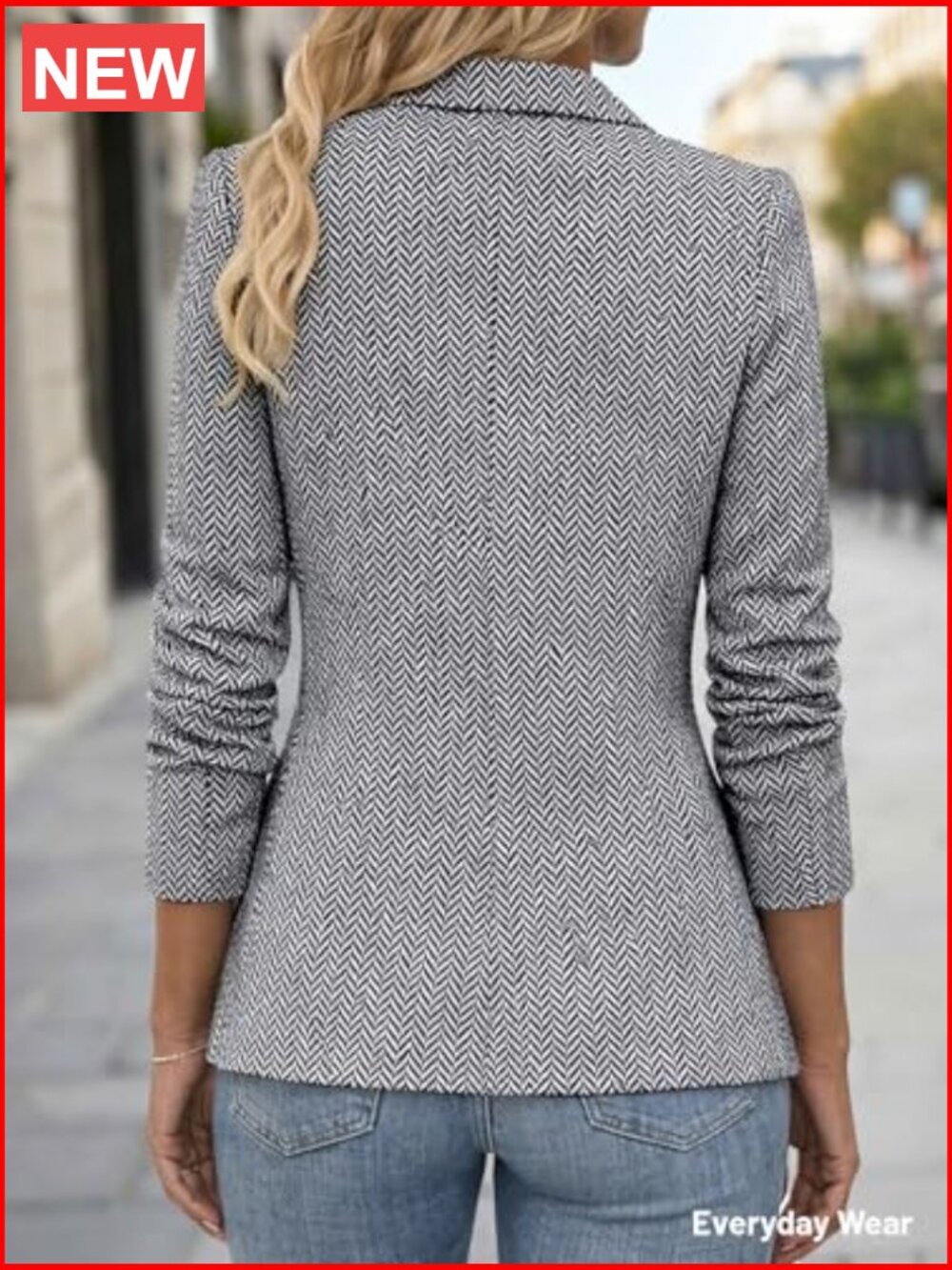 Herringbone Tweed Blazer - Open Front Fully Lined Long Sleeve Work Office - Picture 4 of 7